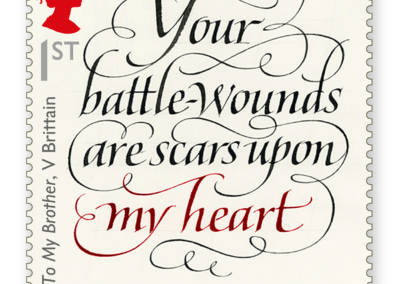 calligraphy graphic design for UK Royal Mail postage stamp commemorating WW1. Arranged lettering words designs