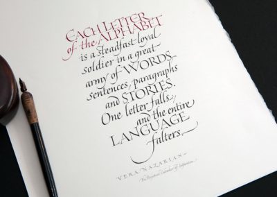 Italic calligraphy page with capitals. Quote about letters and language